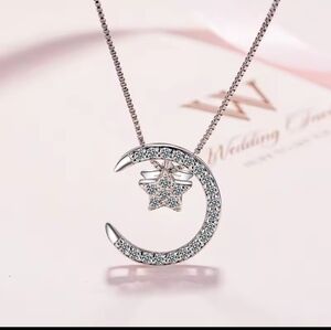 925 Sterling Silver Crescent Moon and Star Pendant Necklace